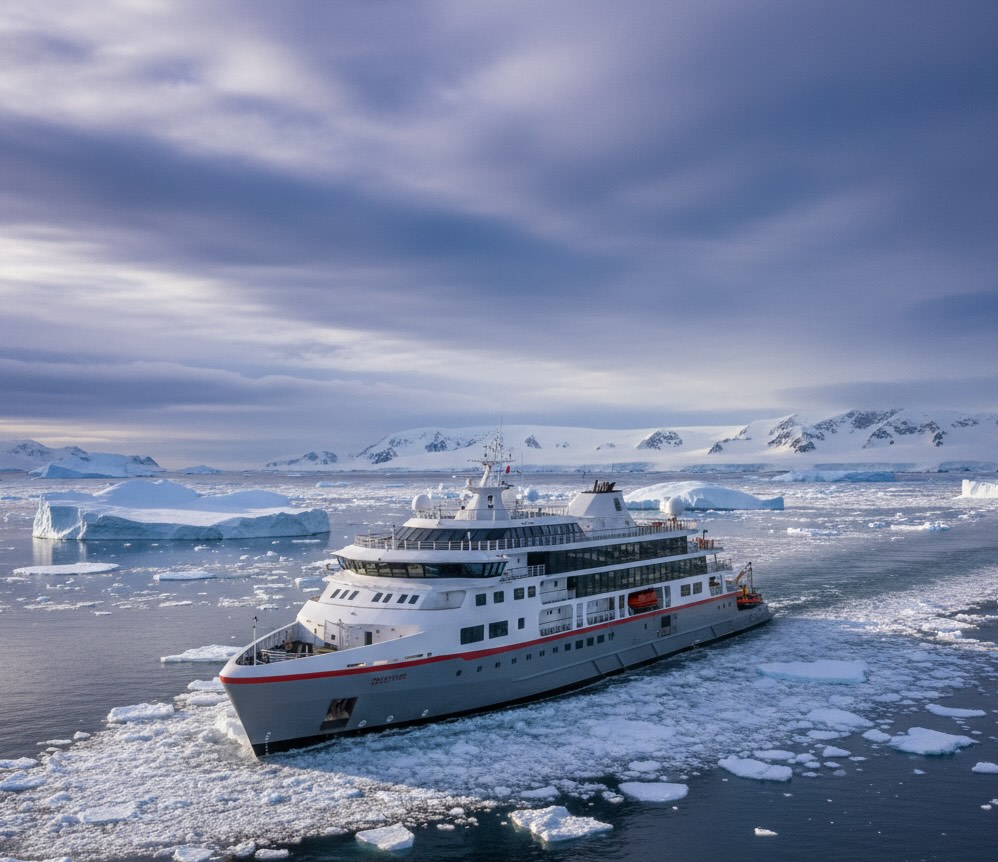Aurora Expeditions X-BOW ship sailing through Antarctic ice