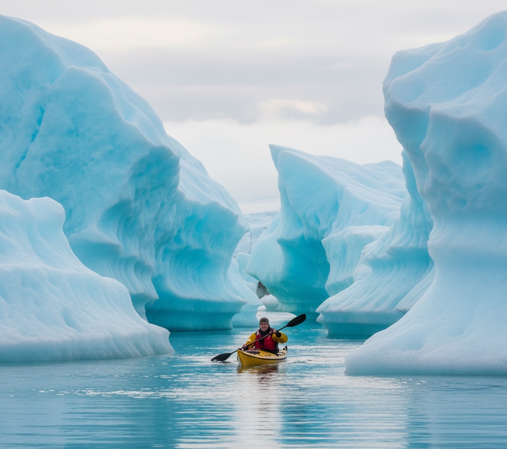 Sea kayaker between icebergs on an Antarctica expedition cruise